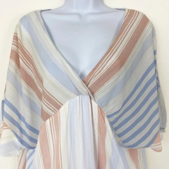 KORI Salmon&Blue Striped Tassel Top Beach Vneck Oversized Size MEDIUM Flowy NWOT - Picture 4 of 7